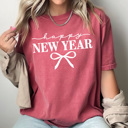 Medium Crimson Happy New Year Bow Comfort Colors Tee, Coquette New Years Graphic Tee, 2026 New Years Party Shirt