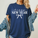 Medium Navy Happy New Year Bow Comfort Colors Tee, Coquette New Years Graphic Tee, 2026 New Years Party Shirt