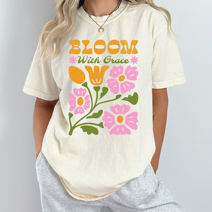 Bloom With Grace Comfort Colors Tee, Whimsical Flowers Graphic Tee, Spring Floral Shirt