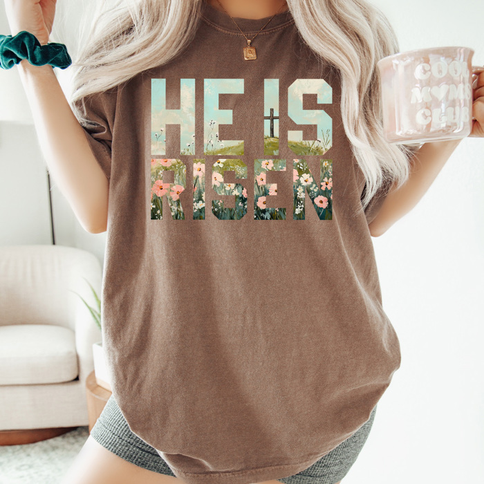 He Is Risen Comfort Colors Tee, Easter Worship Floral Graphic Tee, Spring Jesus Shirt 