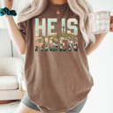 Medium Espresso He Is Risen Comfort Colors Tee, Easter Worship Floral Graphic Tee, Spring Jesus Shirt 