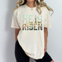 Medium Ivory He Is Risen Comfort Colors Tee, Easter Worship Floral Graphic Tee, Spring Jesus Shirt 