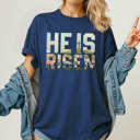 Small Navy He Is Risen Comfort Colors Tee, Easter Worship Floral Graphic Tee, Spring Jesus Shirt 