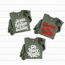 Large Military Green Holly Night Fleece Sweatshirts, Jesus Christmas Graphic Pullover, Christ Birth 