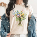 Small Cream Spring Colorful Floral Bouquet Graphic Tee, Bright Wildflower Shirt, Spring Flowers Tee