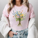 Medium Pink Spring Colorful Floral Bouquet Graphic Tee, Bright Wildflower Shirt, Spring Flowers Tee