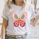Medium Ash Gray Spring Pink Flower Butterfly Graphic Tee, Floral Butterfly Shirt, Spring Flowers  