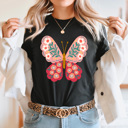 Small Black Spring Pink Flower Butterfly Graphic Tee, Floral Butterfly Shirt, Spring Flowers  