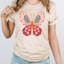 Medium Cream Spring Pink Flower Butterfly Graphic Tee, Floral Butterfly Shirt, Spring Flowers  