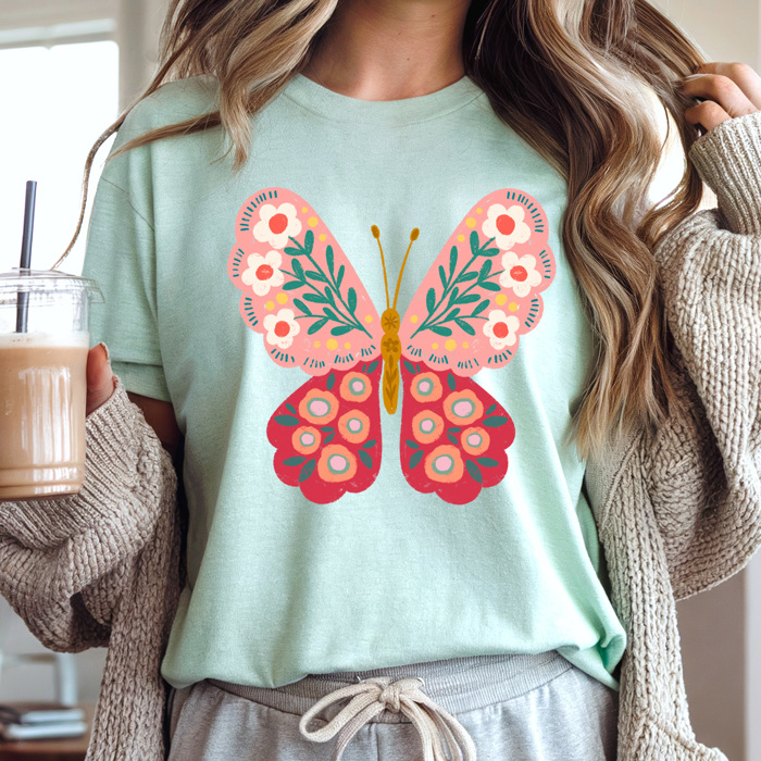 Spring Pink Flower Butterfly Graphic Tee, Floral Butterfly Shirt, Spring Flowers  