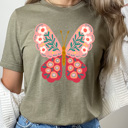 Large Olive Spring Pink Flower Butterfly Graphic Tee, Floral Butterfly Shirt, Spring Flowers  