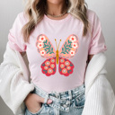 XXL Pink Spring Pink Flower Butterfly Graphic Tee, Floral Butterfly Shirt, Spring Flowers  