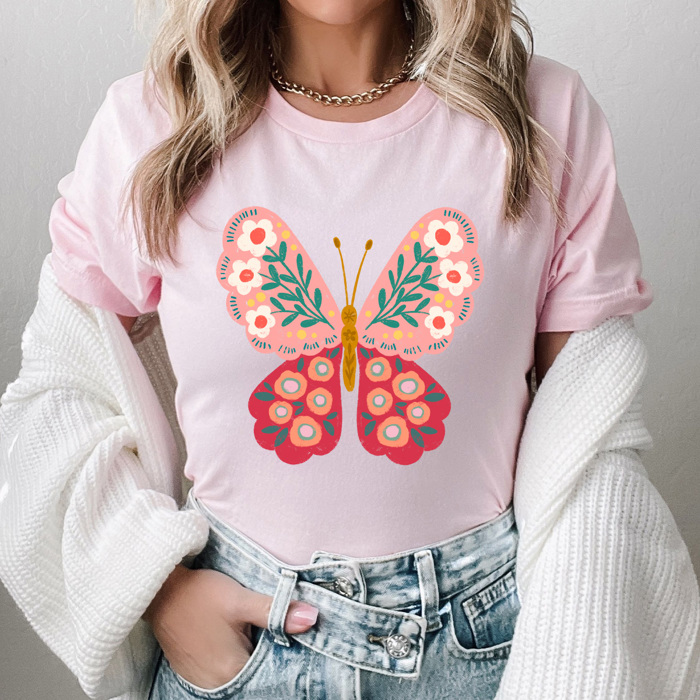 Spring Pink Flower Butterfly Graphic Tee, Floral Butterfly Shirt, Spring Flowers  