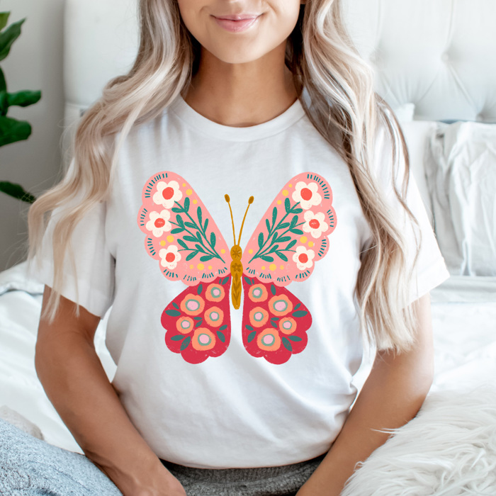 Spring Pink Flower Butterfly Graphic Tee, Floral Butterfly Shirt, Spring Flowers  