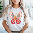 XL White Spring Pink Flower Butterfly Graphic Tee, Floral Butterfly Shirt, Spring Flowers  