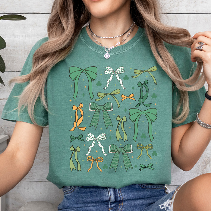 Green Coquette Bow St Patrick's Day Comfort Colors Tee, Lucky Shamrock And Bows Graphic Tee