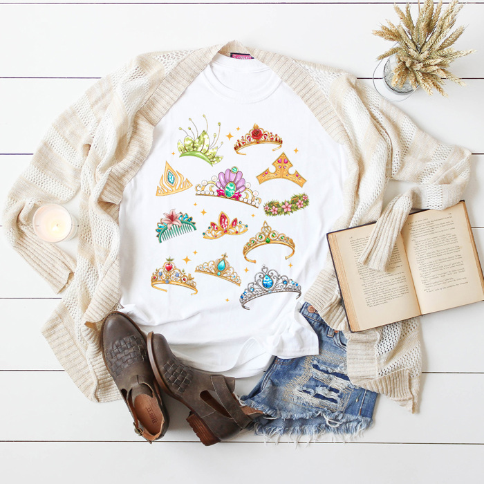 Fairy Tale Princess Crown Graphic Tee, Theme Park Princess Printed Shirt, Theme Park Vacation Tee