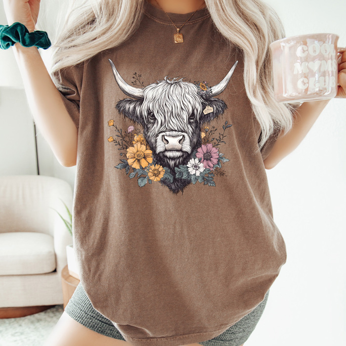 Floral Highland Cow Comfort Colors Tee, Western Flower Cow Printed Tee, Cowgirl Shirt 