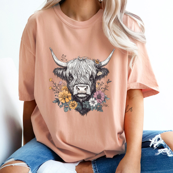 Floral Highland Cow Comfort Colors Tee, Western Flower Cow Printed Tee, Cowgirl Shirt 