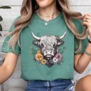  Floral Highland Cow Comfort Colors Tee, Western Flower Cow Printed Tee, Cowgirl Shirt 