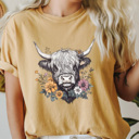  Floral Highland Cow Comfort Colors Tee, Western Flower Cow Printed Tee, Cowgirl Shirt 