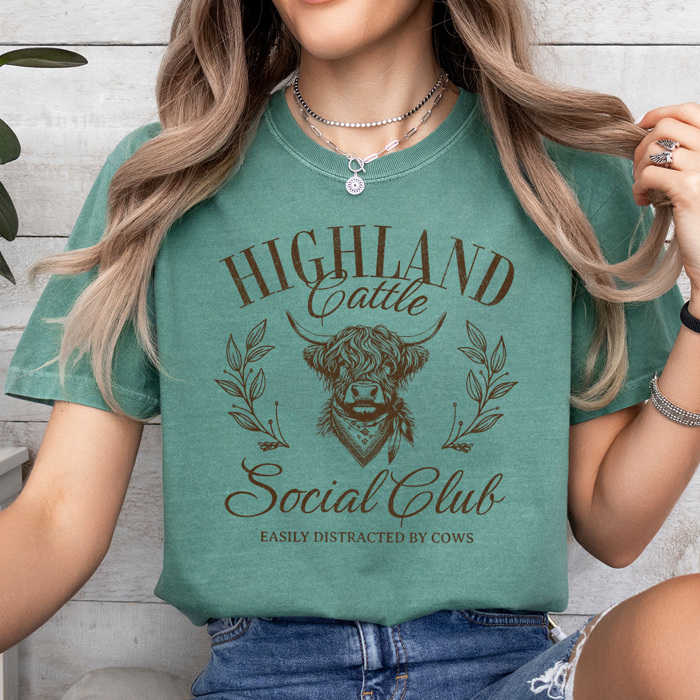 Highland Cattle Social Club Comfort Colors Tee, Easily Distracted By Cows Graphic Tee