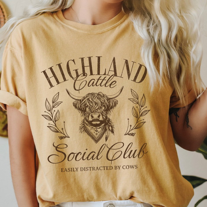 Highland Cattle Social Club Comfort Colors Tee, Easily Distracted By Cows Graphic Tee