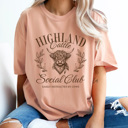 Small Peachy Highland Cattle Social Club Comfort Colors Tee, Easily Distracted By Cows Graphic Tee