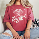 Small Crimson Cowgirl Highland Cow Comfort Colors Tee, Western Cow Graphic Tee, Country Vintage Tee