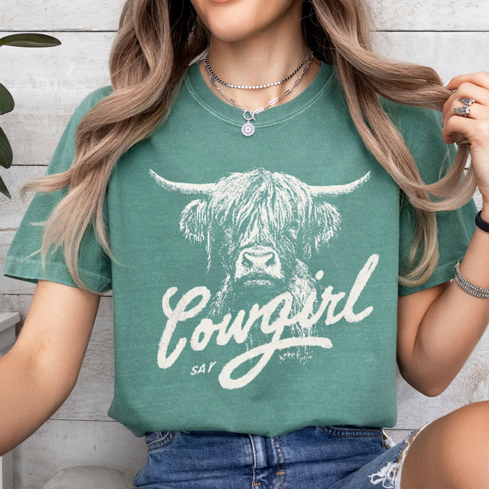 Cowgirl Highland Cow Comfort Colors Tee, Western Cow Graphic Tee, Country Vintage Tee