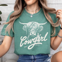Medium Light Green Cowgirl Highland Cow Comfort Colors Tee, Western Cow Graphic Tee, Country Vintage Tee