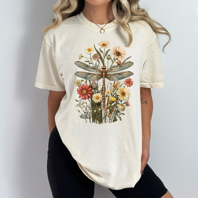 Vintage Dragonfly Floral Comfort Colors Tee, Spring Garden Graphic Tee, Garden Dragon Fly Tee 