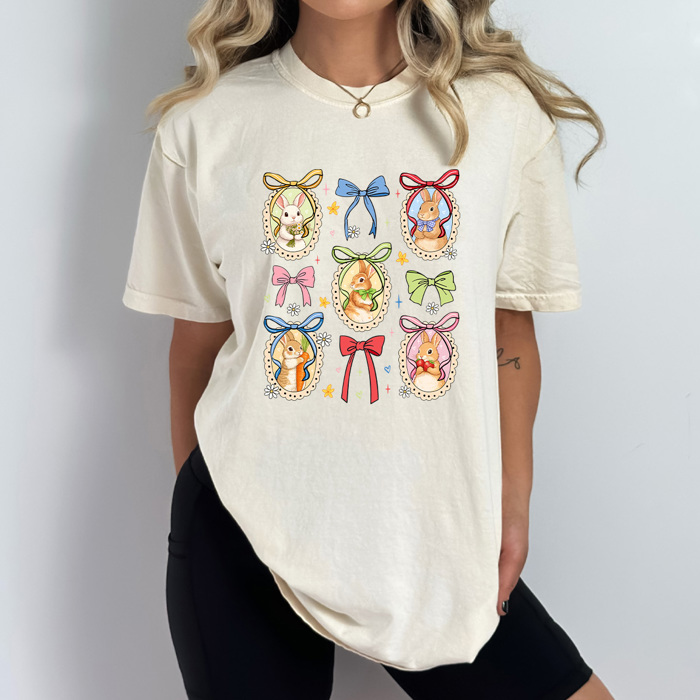 Easter Bunnies Coquette Frames Comfort Colors Tee, Girly Bunny Graphic Tee, Cute Easter Tee