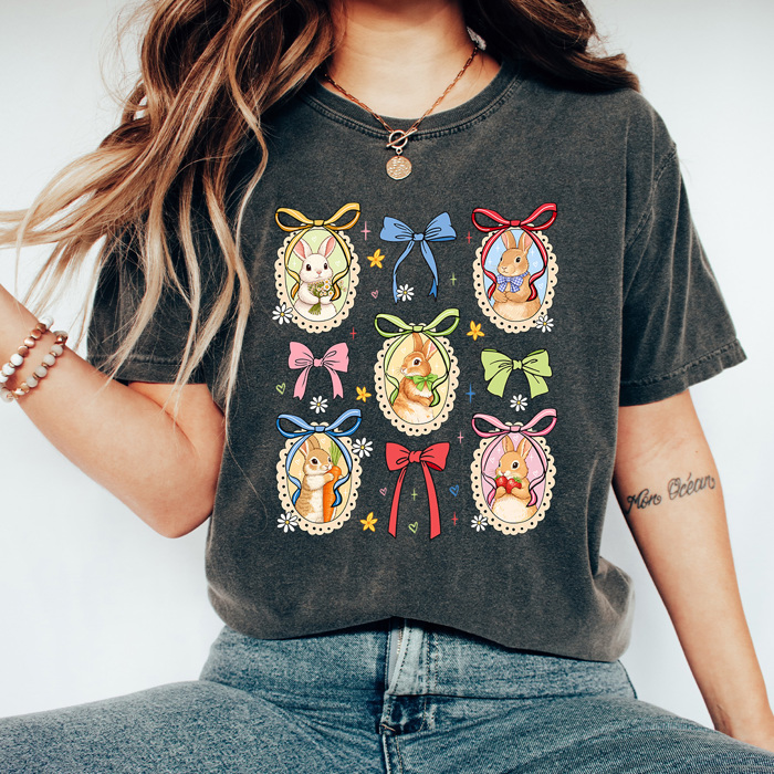 Easter Bunnies Coquette Frames Comfort Colors Tee, Girly Bunny Graphic Tee, Cute Easter Tee