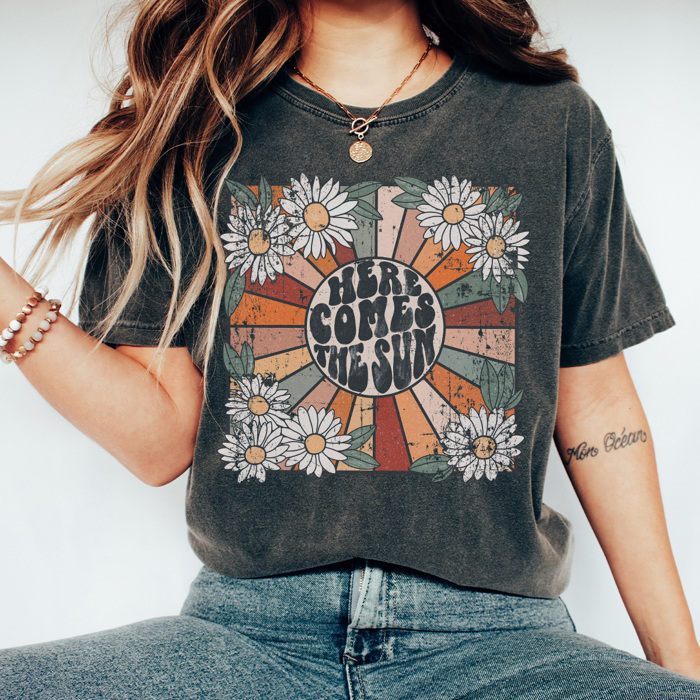 Here Comes The Sun Graphic Tee, Distressed Shirt, Vintage Shirt, Cute Graphic Tee, Sunshine Shirt, Comfort Colors, Beatles Shirt