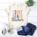 Large First Grade Cream Modern Teacher Graphic Tee, Cute Teacher Shirt, Teacher Grade Shirt, Back to School Shirt, Teacher Appreciation Gift, Hello Teacher Shirt