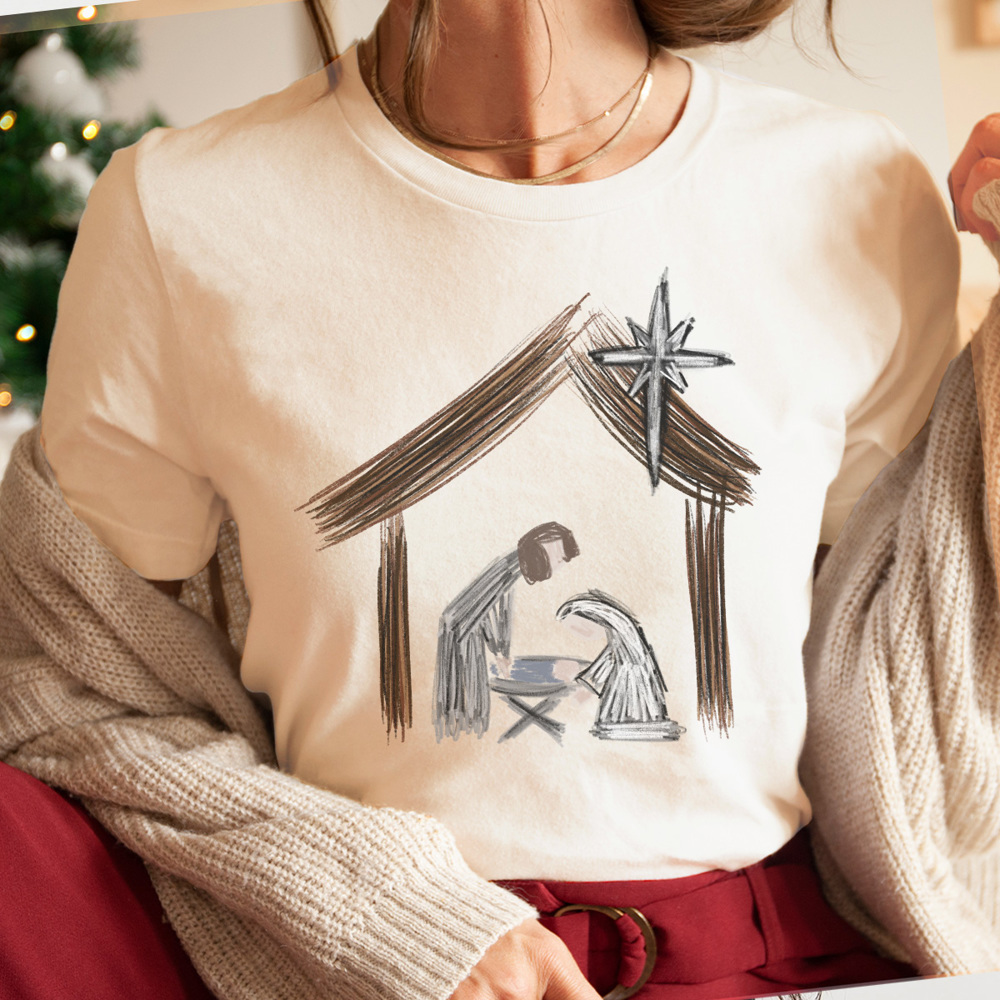 Nativity Sketch Graphic Tee, Nativity Shirt, Christmas Graphic Tee, Jesus Shirt, Religious Shirt, Merry Christmas Shirt