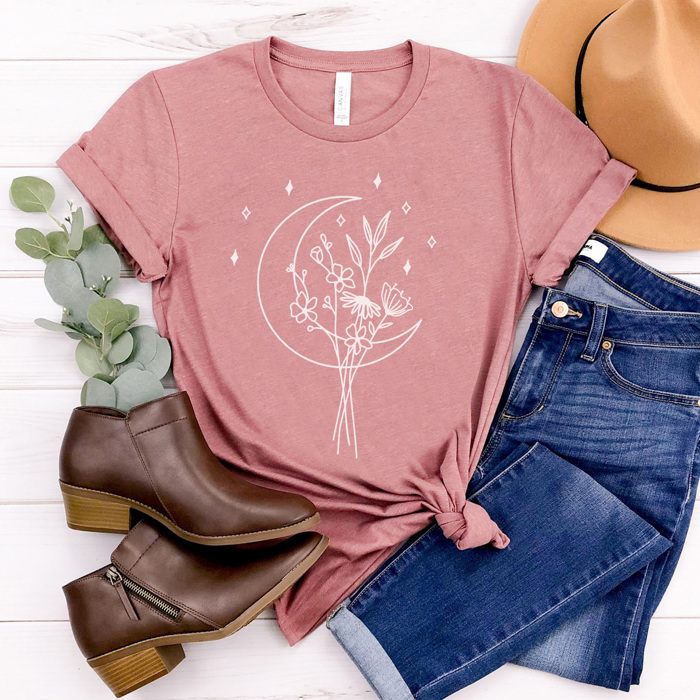 Boho Moon Bouquet Graphic Tee, Trendy Boho Shirt, Cute Moon Shirt, Wildflower Graphic Tee, Cute Graphic Tee