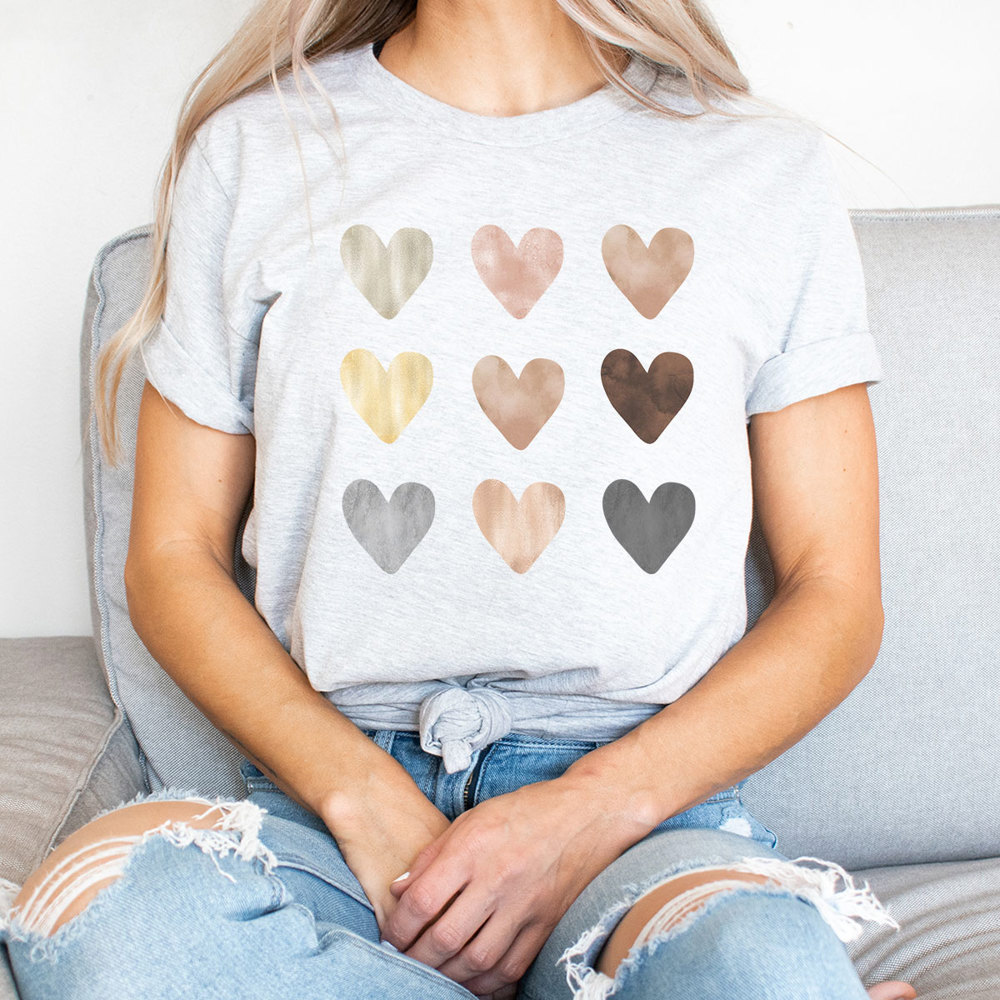 Pastel Hearts Graphic Tee, Cute Heart Tee, Every Day Shirt, Watercolor Tee, Valentine's Day Graphic Tee