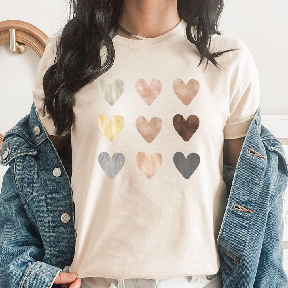 Pastel Hearts Graphic Tee, Cute Heart Tee, Every Day Shirt, Watercolor Tee, Valentine's Day Graphic Tee