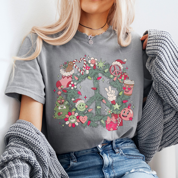 Christmas Retro Peace Graphic Tee, Cute Christmas Shirt, Holiday Graphic Tee