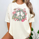 Large Ivory Christmas Retro Peace Graphic Tee, Cute Christmas Shirt, Holiday Graphic Tee