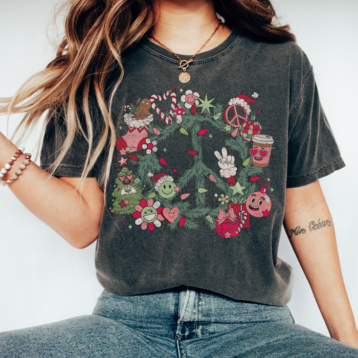 Christmas Retro Peace Graphic Tee, Cute Christmas Shirt, Holiday Graphic Tee