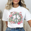 Small White Christmas Retro Peace Graphic Tee, Cute Christmas Shirt, Holiday Graphic Tee