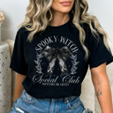 Medium Black Spooky Witch Social Club Graphic Tee, Halloween Shirt, Spooky Season, Coquette Bow Tee