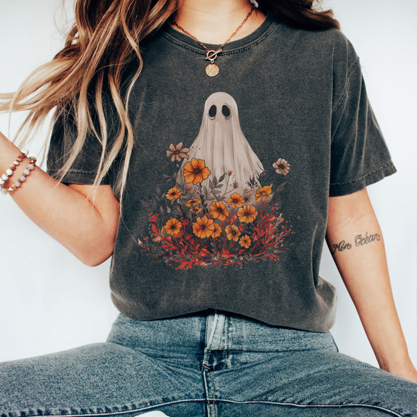 Boho Autumn Floral Ghost Graphic Tee, Comfort Colors Tee, Flower Ghost Tee, Cute Fall Shirt