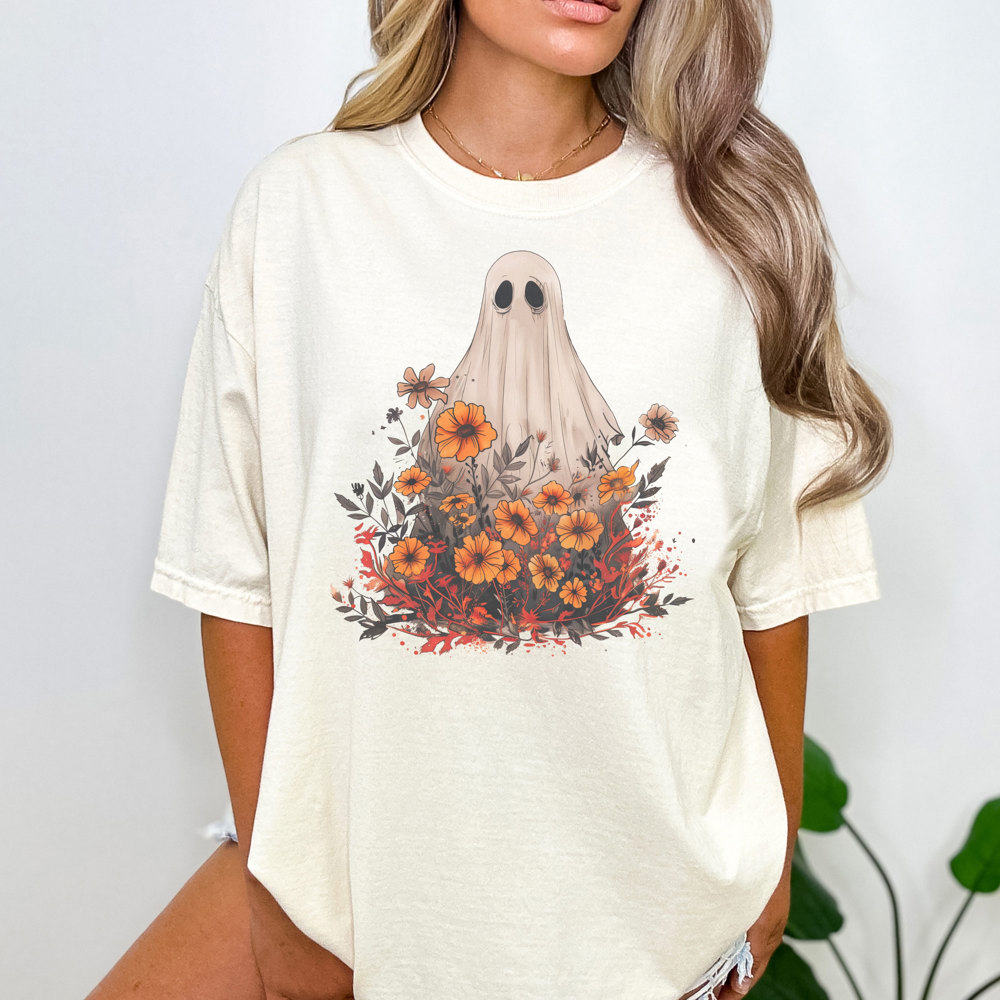 Boho Autumn Floral Ghost Graphic Tee, Comfort Colors Tee, Flower Ghost Tee, Cute Fall Shirt