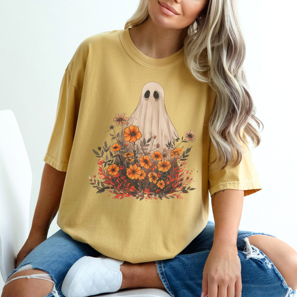 Boho Autumn Floral Ghost Graphic Tee, Comfort Colors Tee, Flower Ghost Tee, Cute Fall Shirt