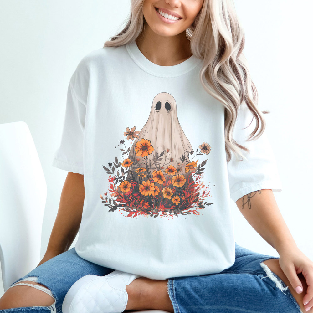 Boho Autumn Floral Ghost Graphic Tee, Comfort Colors Tee, Flower Ghost Tee, Cute Fall Shirt