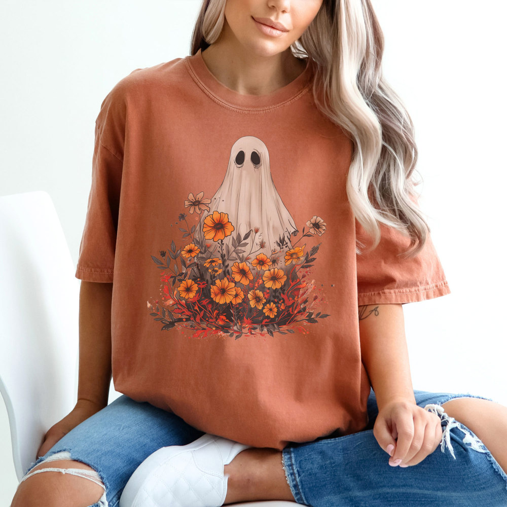 Boho Autumn Floral Ghost Graphic Tee, Comfort Colors Tee, Flower Ghost Tee, Cute Fall Shirt